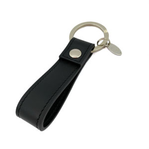 Black leather keychain with silver rivet and silver metal ring