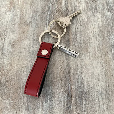 Wine red leather keychain with metal bar