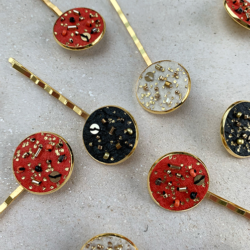 Gold hairpins with embroidered Pinatex in black, paprika and natural colour